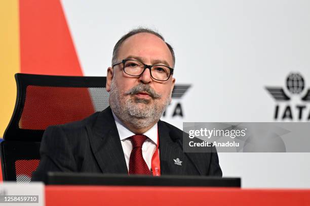 Chairman of International Air Transport Association Board of Governors and Chairman of Pegasus Airlines Mehmet Nane speaks at the joint press...