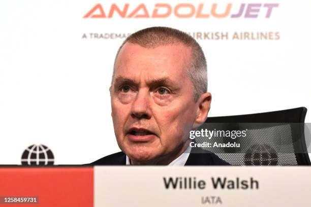 International Air Transport Association General Director Willie Walsh speaks at the joint press conference during 79th Annual General Meeting and...