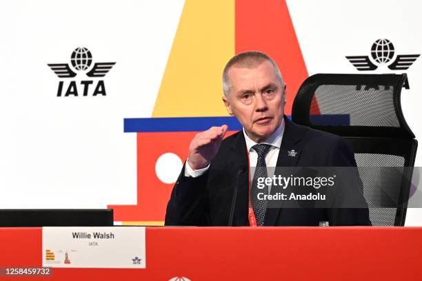 International Air Transport Association General Director Willie Walsh speaks at the joint press conference during 79th Annual General Meeting and...
