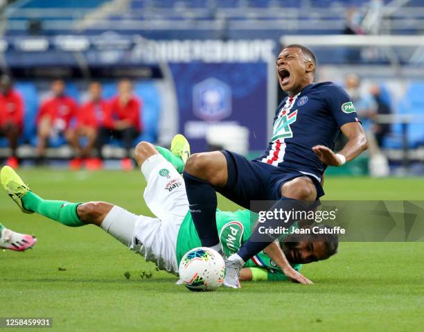 Kylian Mbappe of PSG is seriously injured on his right ankle by Loic Perrin of Saint-Etienne with this dangerous tackle during the French Cup Final...