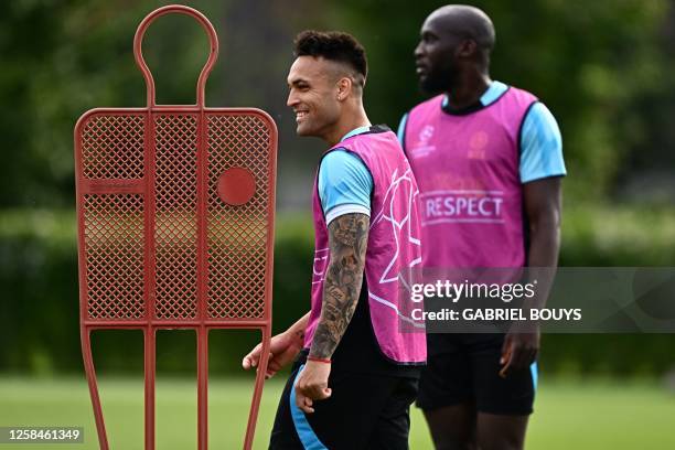 Inter Milan's Argentinian forward Lautaro Martinez reacts during a training session on June 5, 2023 at the club's training ground in Appiano Gentile,...