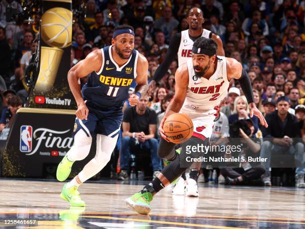 Gabe Vincent of the Miami Heat dribbles the ball during Game Two of the 2023 NBA Finals on June 4, 2023 at the Ball Arena in Denver, Colorado. NOTE...