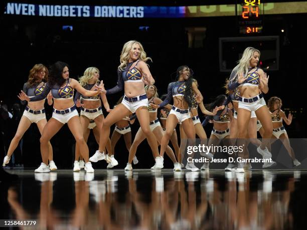 The Denver Nuggets Dancers perform during Game Two of the 2023 NBA Finals against the Miami Heat on June 4, 2023 at the Ball Arena in Denver,...