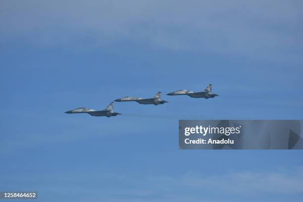 Aerobatics team of the Indonesian Air Force performs at the opening of the 2023 Multilateral Naval Exercise Komodo in Makassar, South Sulawesi...