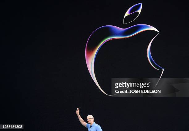 Apple CEO Tim Cook speaks during Apple's Worldwide Developers Conference at the Apple Park campus in Cupertino, California, on June 5, 2023. Apple on...