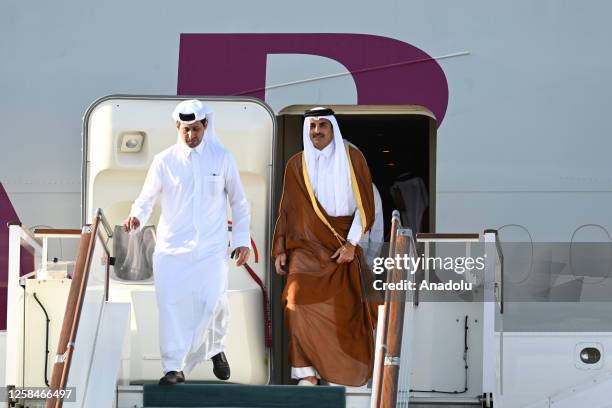 Emir of Qatar Sheikh Tamim ibn Hamad Al Thani arrives at the Samarkand International Airport in Tashkent, Uzbekistan on June 05, 2023.