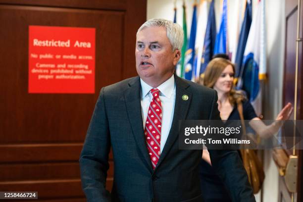 Rep. James Comer, R-Ky., chairman of the House Oversight and Accountability Committee, emerges from a meeting in the Capitol Visitor Center where he...