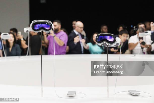 Apple Vision Pro mixed reality headsets during the Apple Worldwide Developers Conference at Apple Park campus in Cupertino, California, US, on...