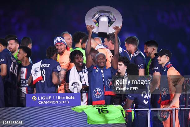 Timothee PEMBELE - 25 Nuno MENDES - 70 Lucas LAVALLEE during the Ligue 1 Uber Eats match between PSG and Clermont Foot 63 at Parc des Princes on June...