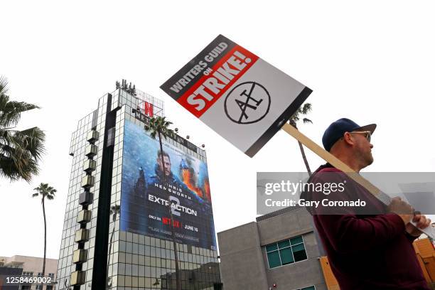 Picketers with the Writers Guild of America strike outside the Sunset Bronson Studios along Sunset Blvd. On Monday, June 5, 2023 in Los Angeles, CA....