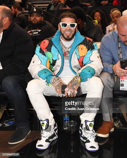 Anuel AA poses for a photo during the game during the NBA All-Star Game as part of 2023 NBA All Star Weekend on Sunday, February 19, 2023 at Vivint...