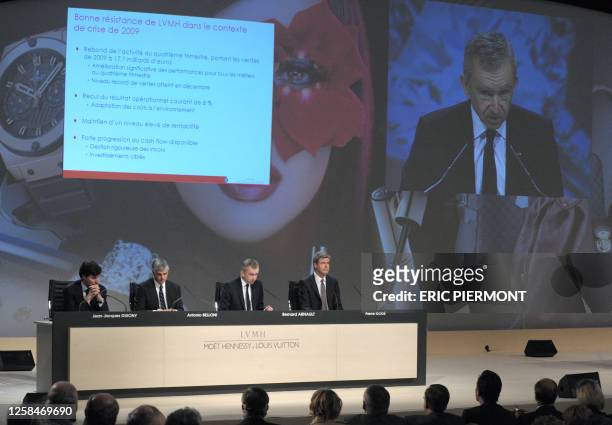 The world's biggest luxury company, LVMH chief executive Bernard Arnault addresses the general meeting in Paris on April 15, 2010 flanked by CFO...