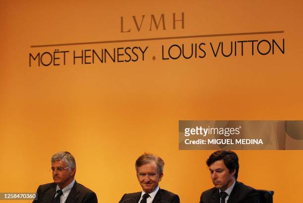 French luxury goods group LVMH CEO Bernard Arnault , LVMH financial director Jean-Jacques Guiony and the company general director Antonio Belloni...