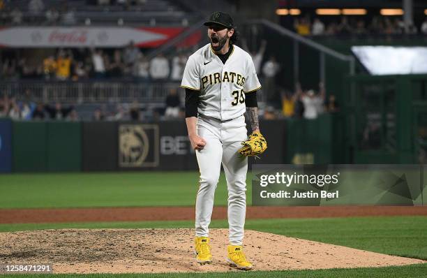 Colin Holderman of the Pittsburgh Pirates reacts after striking out Carlos Perez of the Oakland Athletics for the final out in a 5-4 win during the...