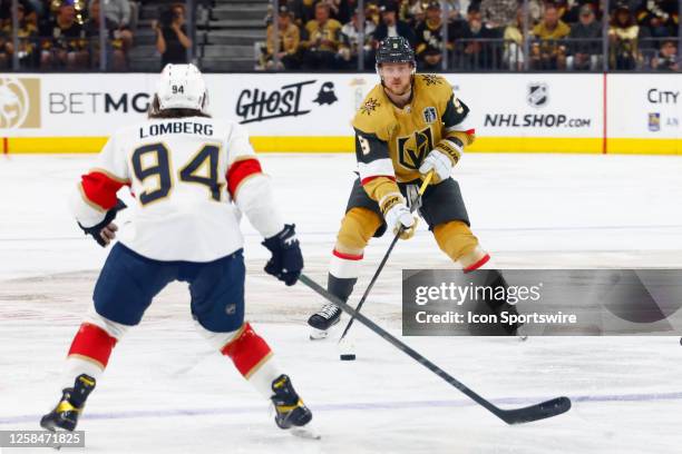 Jack Eichel of the Vegas Golden Knights skates with the puck during Game Two of the NHL Stanley Cup Final between the Florida Panthers and the Vegas...