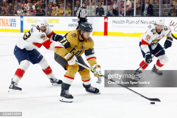 William Karlsson of the Vegas Golden Knights skates with the puck during Game Two of the NHL Stanley Cup Final between the Florida Panthers and the...