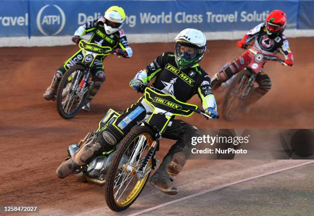 Jason Doyle of Ipswich 'TruMix' Witches leads Emil Sayfutdinov of Ipswich 'TruMix' Witches and Dan Bewley of Belle Vue 'ATPI' Aces during the Sports...