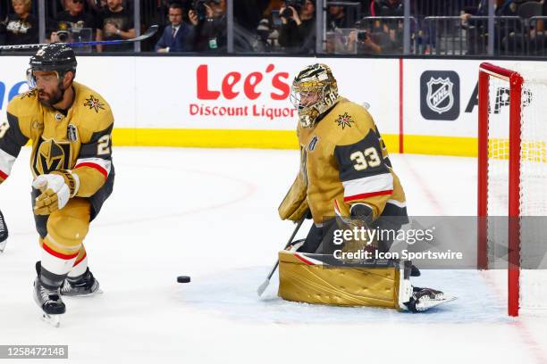 Adin Hill of the Vegas Golden Knights makes a save during Game Two of the NHL Stanley Cup Final between the Florida Panthers and the Vegas Golden...