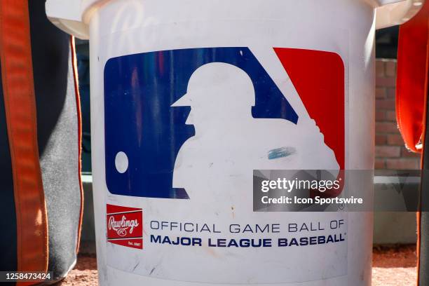 Detailed view of a Major League Baseball logo on an equipment bucket prior to a regular season game between the Baltimore Orioles and San Francisco...