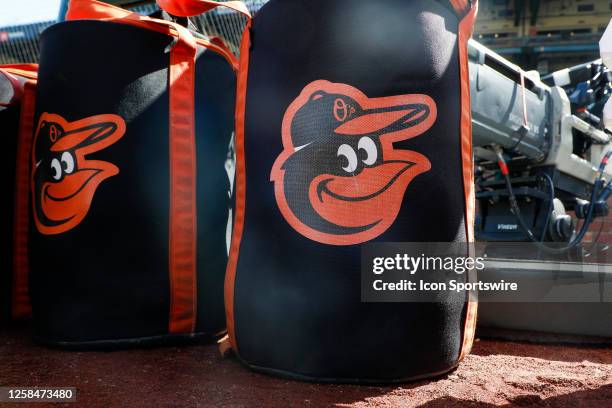 Detailed view of an Orioles logo on an equipment bag prior to a regular season game between the Baltimore Orioles and San Francisco Giants on June 2,...