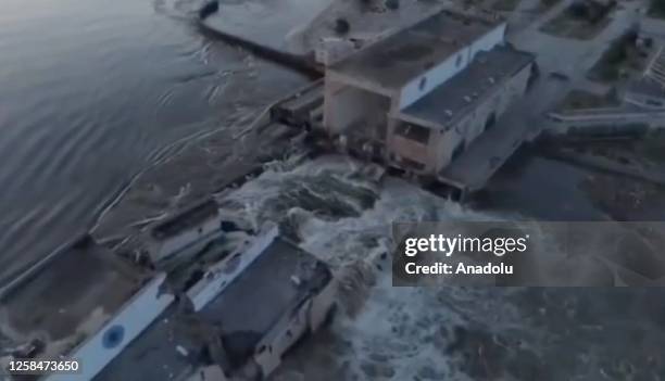 Screen grab captured from a video shows the Kakhovka Hydroelectric Power Plant after a blast occurred in plant which is in the Russian-controlled...