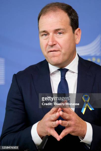 Special Advisor Lodewijk Frans Asscher talks to media in the VIP corner of the Berlaymont, the EU Commission headquarter on June 6, 2023 in Brussels,...