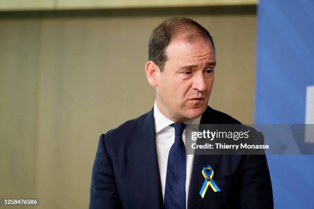 Special Advisor Lodewijk Frans Asscher talks to media in the VIP corner of the Berlaymont, the EU Commission headquarter on June 6, 2023 in Brussels,...