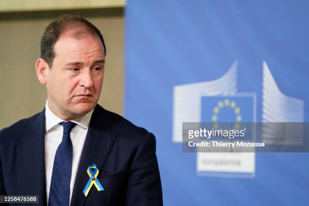 Special Advisor Lodewijk Frans Asscher talks to media in the VIP corner of the Berlaymont, the EU Commission headquarter on June 6, 2023 in Brussels,...
