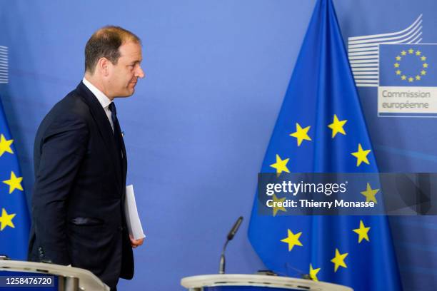 Special Advisor Lodewijk Frans Asscher talks to media in the VIP corner of the Berlaymont, the EU Commission headquarter on June 6, 2023 in Brussels,...