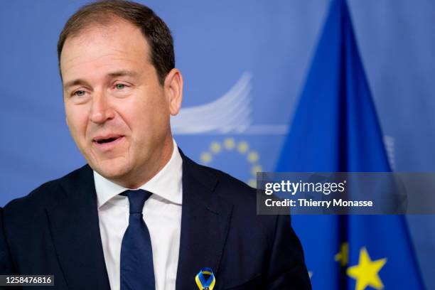 Special Advisor Lodewijk Frans Asscher talks to media in the VIP corner of the Berlaymont, the EU Commission headquarter on June 6, 2023 in Brussels,...