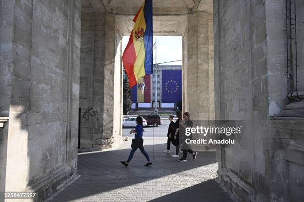 View of The Triumphal Arch in Chisinau, Moldova on May 31, 2023. As a city rich in cultural influences and historical buildings, Moldova's capital...