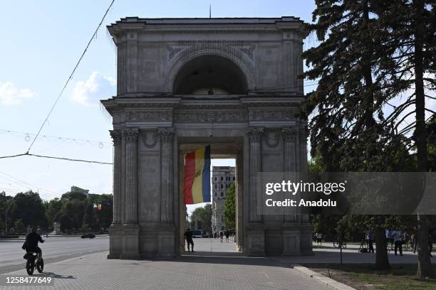 View of The Triumphal Arch in Chisinau, Moldova on May 31, 2023. As a city rich in cultural influences and historical buildings, Moldova's capital...