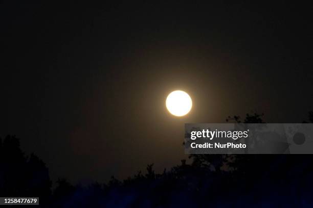 Colorful pink Strawberry moon illuminates the night sky. Close-up of the June full moon, nicknamed as Strawberry moon as seen rising over residential...