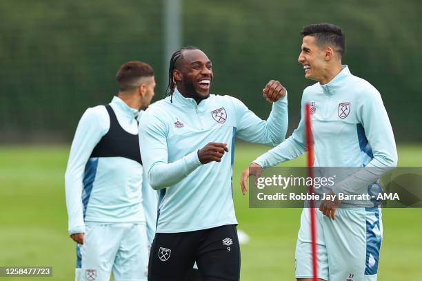 Michail Antonio and Nayef Aguerd of West Ham United during training prior to the UEFA Europa Conference League 2022/23 final match between ACF...