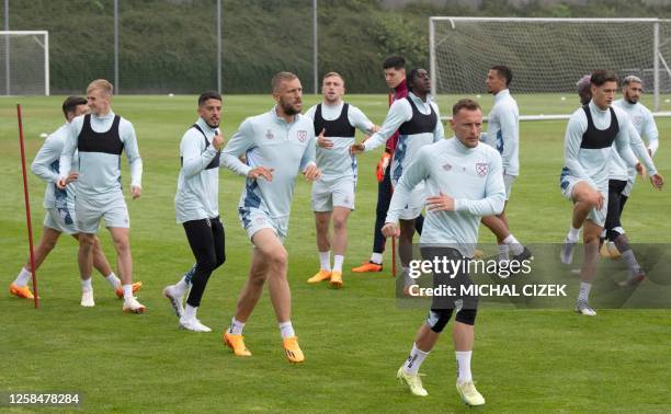 West Ham United's players attend a training session on the eve of the UEFA Europa Conference League 2022/23 final match between ACF Fiorentina and...