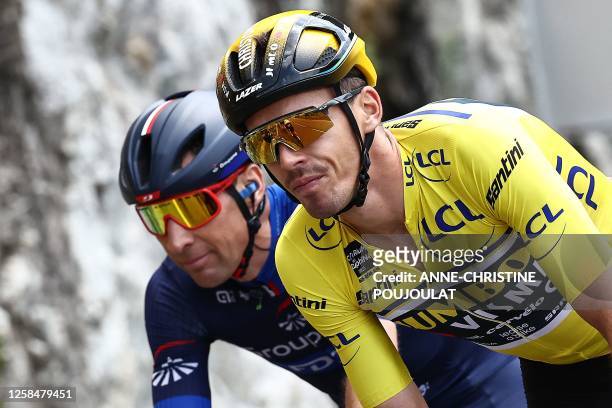 Yellow jersey of Overall Leader Jumbo-Visma's French rider Christophe Laporte rides during the third stage of the 75th edition of the Criterium du...