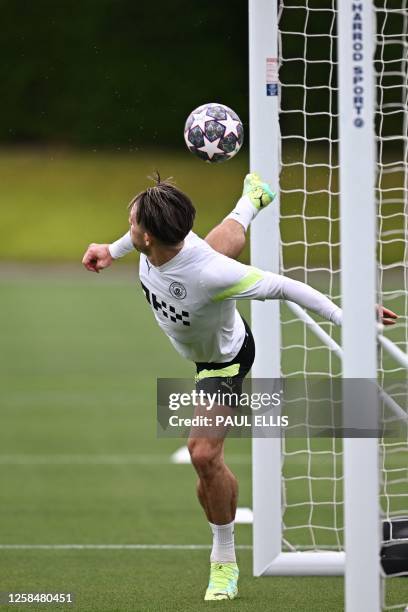 Manchester City's English midfielder Jack Grealish takes part in a team training session at Manchester City training ground in Manchester, north-west...