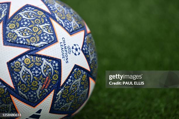 The Champions League ball is pictured during a team training session at Manchester City training ground in Manchester, north-west England on June 6...