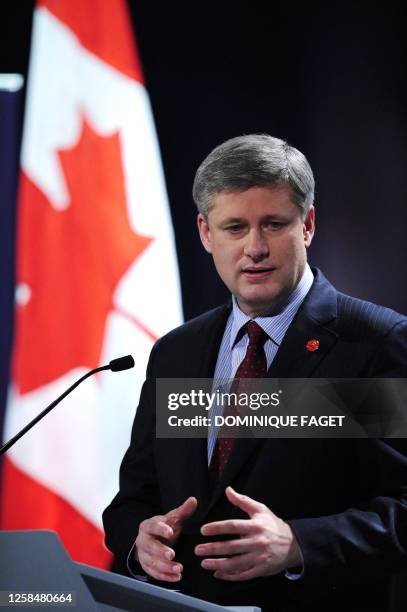 Canadian Prime Minister Stephen Harper speaks during a press conference following the G20 summit at the ExCel centre in east London, on April 2,...