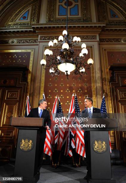 British Prime Minister Gordon Brown and US President Barack Obama address a press conference in the Lacarno Treaty Room at the Foreign and...