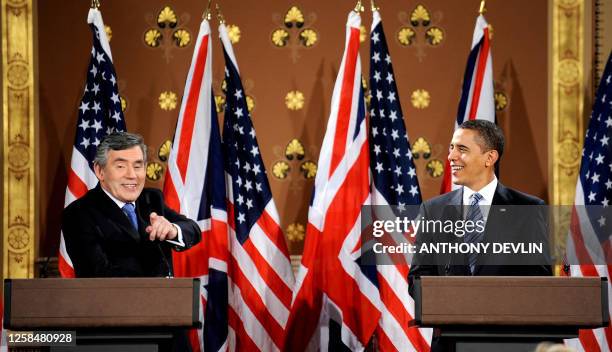 British Prime Minister Gordon Brown and US President Barack Obama address a press conference in the Lacarno Treaty Room at the Foreign and...