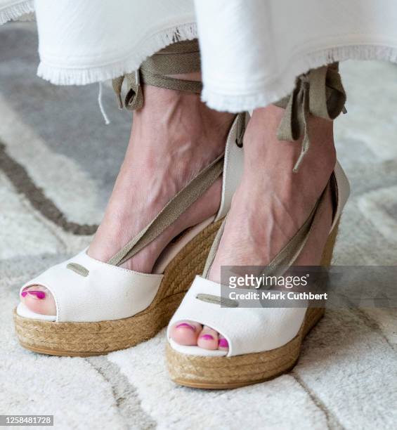 Sophie, Duchess of Edinburgh, Patron, shoe detail, during her visit to Christopher's, a Shooting Star Children's Hospice on June 6, 2023 in...