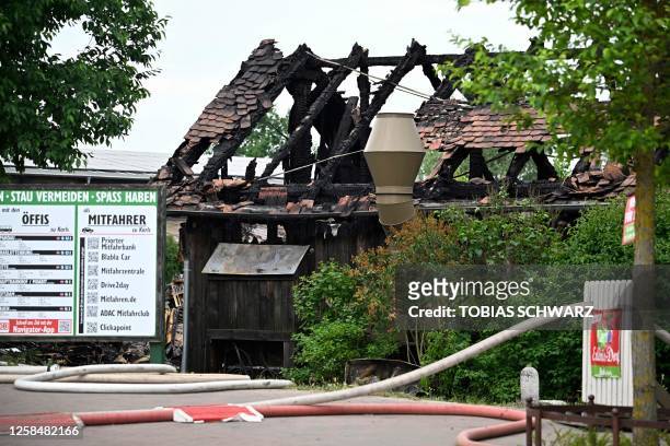 The destroyed structure of a building is pictured after a fire broke out and was extinguished in the Karls Erlebnis-Dorf amusement park in Elstal...
