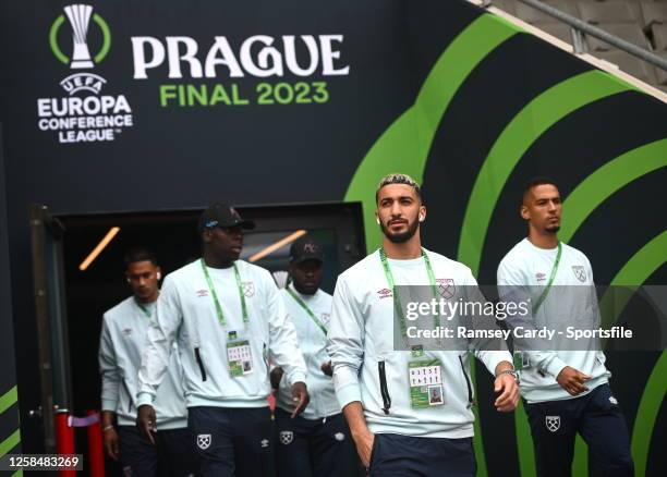 Said Benrahma with teammates during a West Ham United FC training session before the UEFA Europa Conference League Final 2022/23 match between ACF...