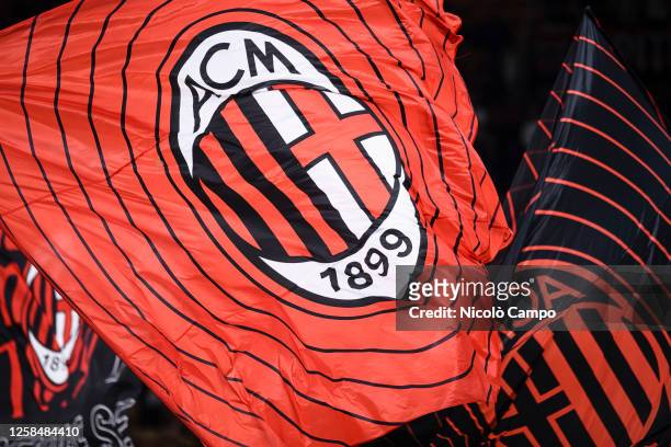 Flag bearing the crest of AC Milan is waved during the farewell ceremony of Zlatan Ibrahimovic following Serie A football match between AC Milan and...