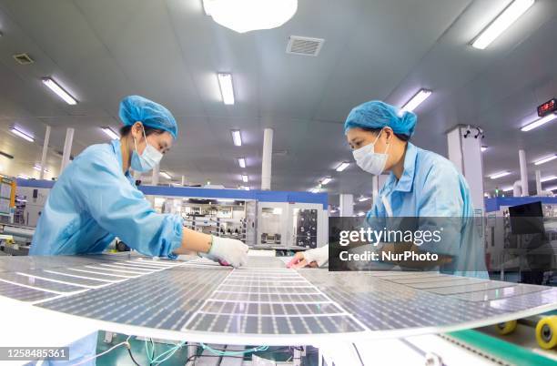 Workers produce solar photovoltaic modules for export on the production line of a new energy workshop in Haian, Jiangsu province, China, June 6, 2023.