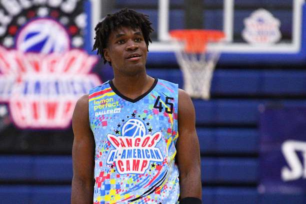 Tounde Yessoufou looks on during the Pangos All-American Camp on June 5, 2023 at the Bishop Gorman High School in Las Vegas, NV.