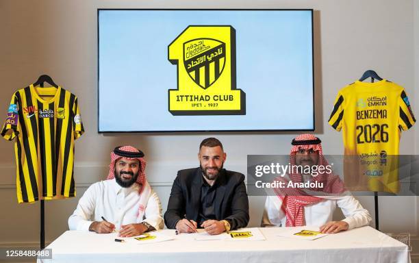 Year-old French soccer star, Karim Benzema holds a jersey of Al-Ittihad, a Saudi Arabian soccer team in Jeddah, Saudi Arabia on June 06, 2023....