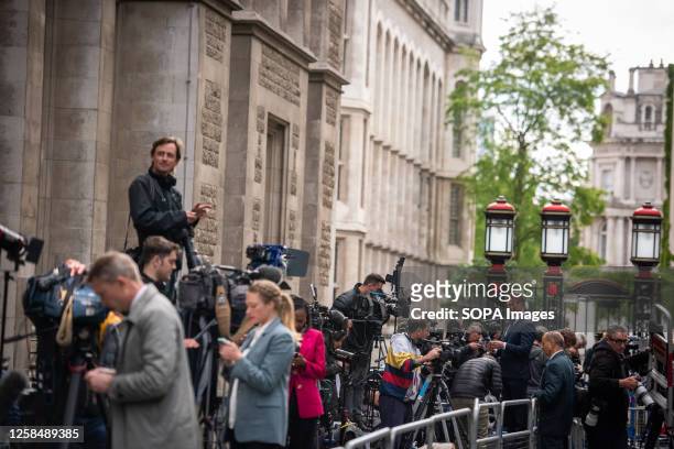 The press gather outside the Royal Courts of Justice, Britain's High Court during Prince Harry's, Duke of Sussex, court trial. Prince Harry took a...