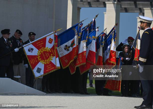 Group of French flag bearers seen during the 79th Anniversary of D-Day commemorations in Ver-sur-Mer, France, on June 06, 2023. The historic Normandy...